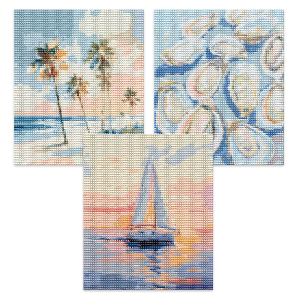 Kemingni 3 Pack Pastel Ocean Beach Diamond Painting Kit, Tropical Palm Tree Nautical Sailboat Oysters Diamond Art Kits for Adults Beginners, Full Drill Gem Painting for Home Wall Decor, 9.8x11.8 Inch