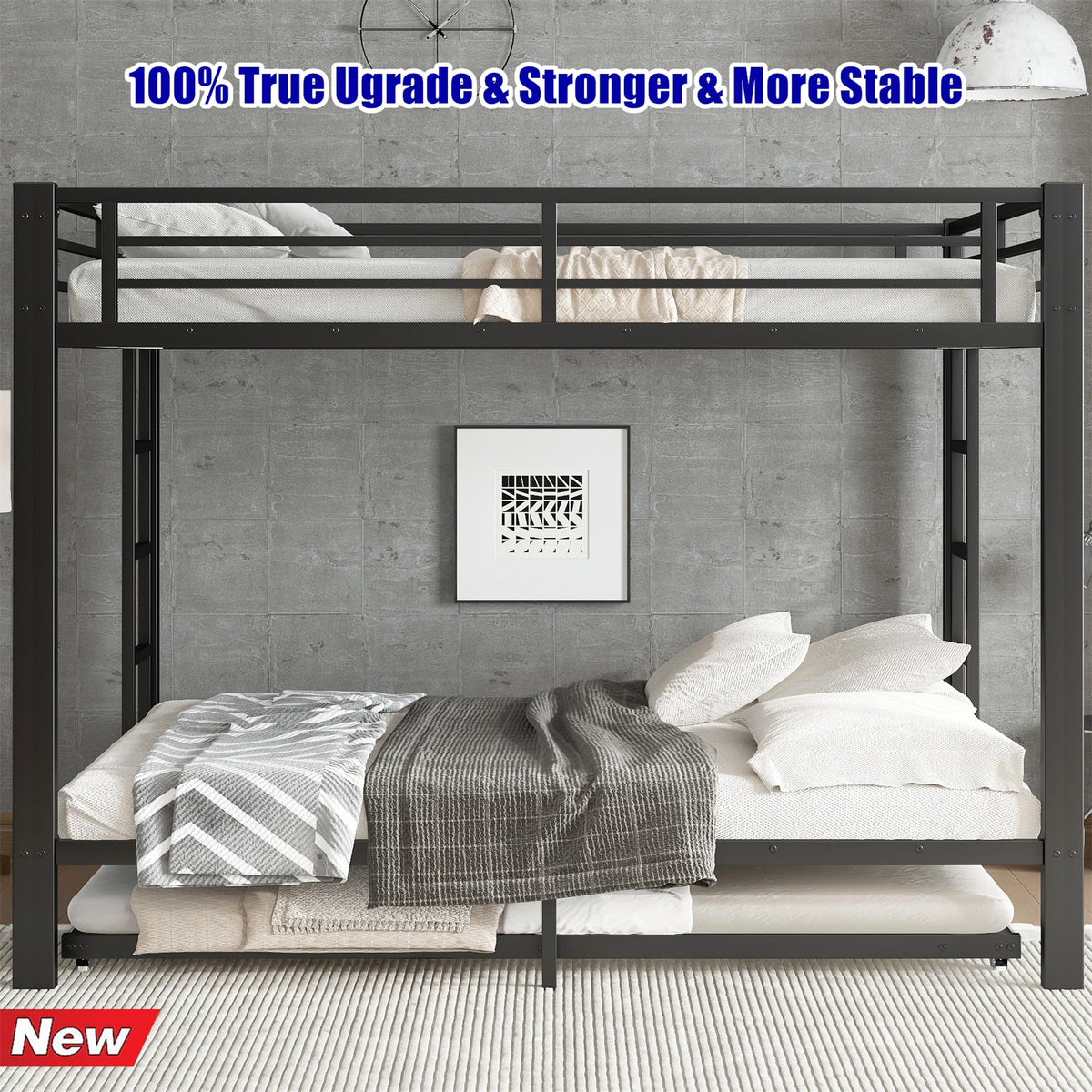 LEEKAF Stronger & Safer Heavy Duty Metal Queen Over Queen Size Bunk Bed for Adults Teens, Thickened More Stable Steel Bunkbed (Greater Weight Capacity) (Queen Over Queen with Trundle)