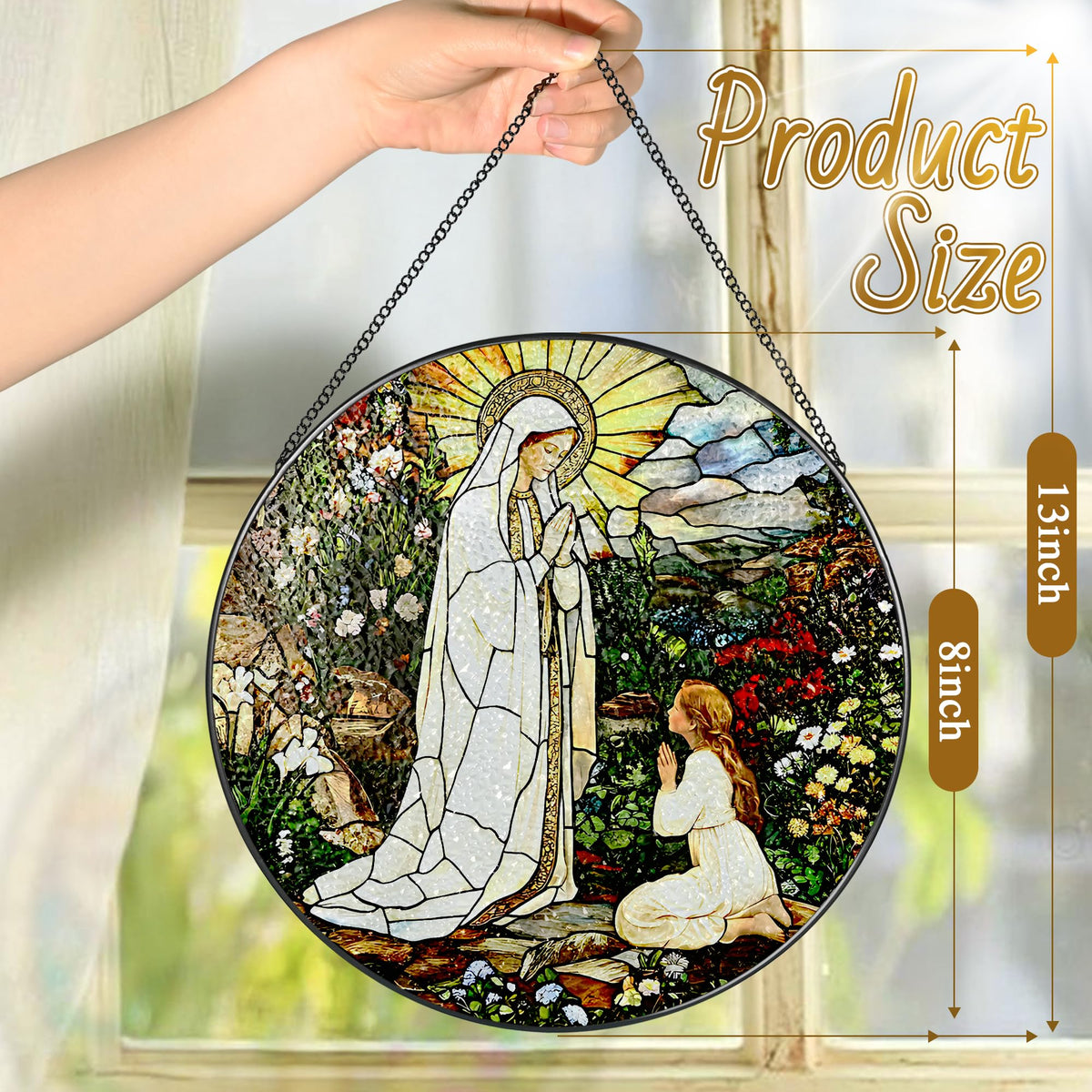 8 Inch Lady of Lourdes Stained Glass Suncatcher, Stained Glass Window Hanging, Virgin Mary Religious Window Hanging, Gift for Mothers Day, Catholic Home Decor, Faith Gift for Christian, Religious Gift