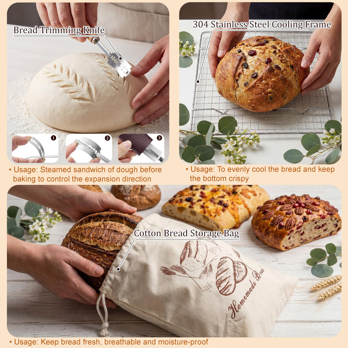 Complete Sourdough Starter Kit with 9" Round & 10" Oval Indonesian Rattan Proofing Baskets, Glass Mixing Bowl, Fermentation Cup, Bread Lame, Storage Bag, and other Tools for Homemade Bread Baking