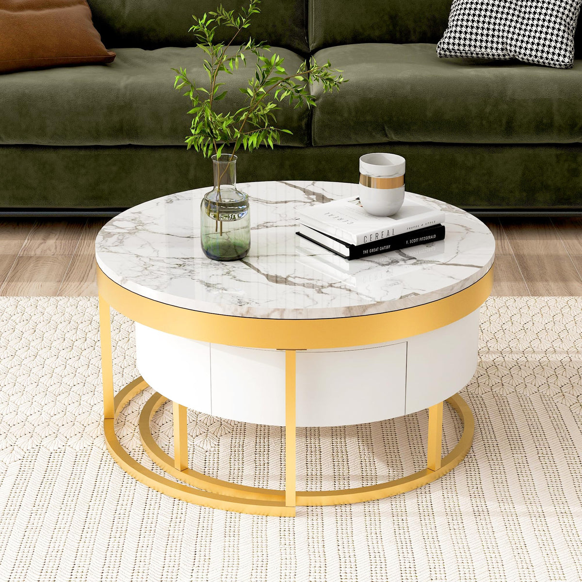 Merax 2-Piece Round Nesting Coffee Table Set with 2 Large Drawers, Marble Finish Tops & Ample Hidden Storage, Space Saving Modern Accent End Tables for Living Room, Apartment, White+Golden