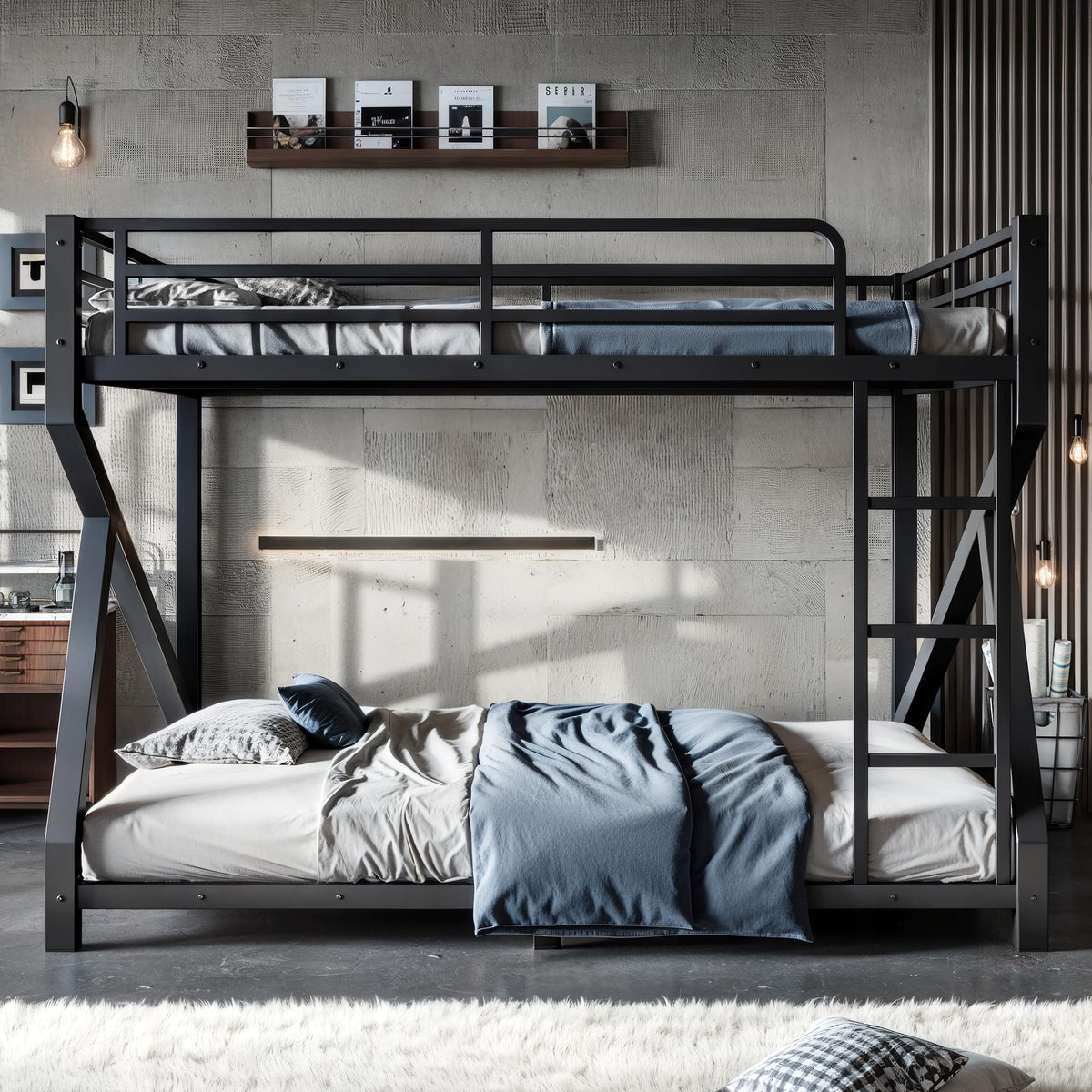 Bellemave Queen Over Queen Bunk Bed Frame with Noise Reduced Design, Low Profile Bunk Bed with Soft Ladder Rung Cover and Fence, Heavy Buty Bunk Beds for Adults, Teens