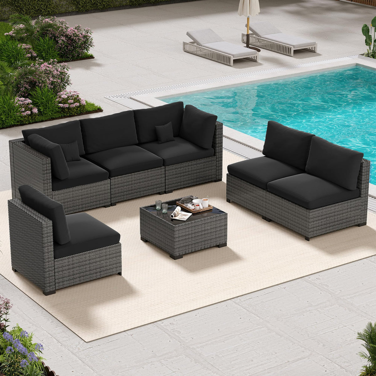 LHBcraft 7 Piece Patio Outdoor Furniture Set, Outdoor Sectional, All-Weather Hand-Woven Wicker Black Patio Sectional, Rattan Outside Furniture with Cushion and Glass Coffee Table