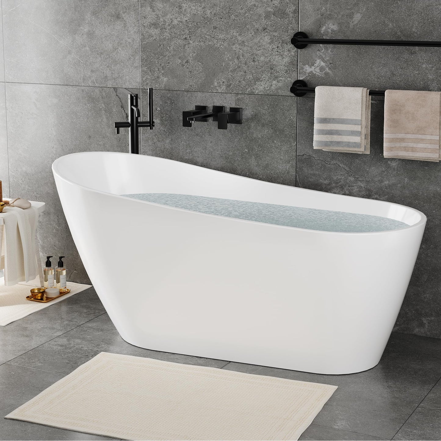67" Acrylic Freestanding Bathtub, Modern Freestanding Tub with Chrome Drain & Overflow, Glossy White, Home Spa