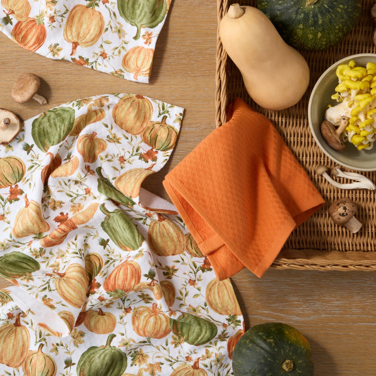 Martha Stewart Autumn Harvest Pumpkins Kitchen Towel 3-Pack Set, 100% Cotton with Absorbent Terrycloth, Decorative Kitchen Towels, Orange/Green/Ivory, 16"x28"