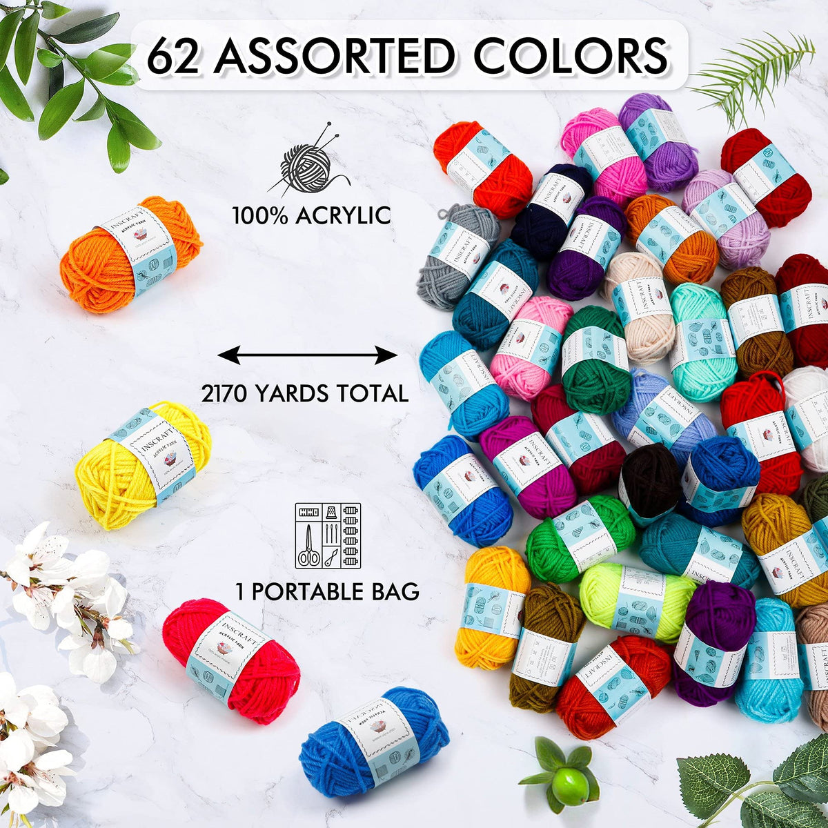 Inscraft 62 Acrylic Yarn Skeins, 2170 Yards Yarn for Knitting and Crochet, Includes 2 Crochet Hooks,2 Weaving Needles,10 Stitch Markers, Perfect Beginner Kit for for Adults Kids