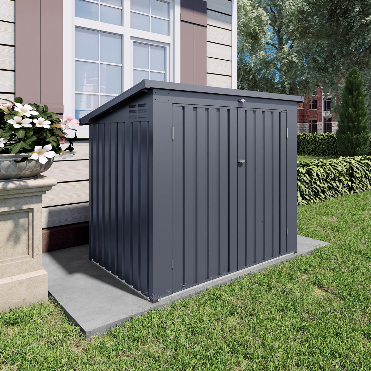 Outdoor Storage Shed with Dual Doors & Removable Top Lid, Metal Garden Tool Shed, Weather Resistant Waterproof Trash Can Bike Storage Organizer with Ventilation Sloped Roof Yard Utility Box