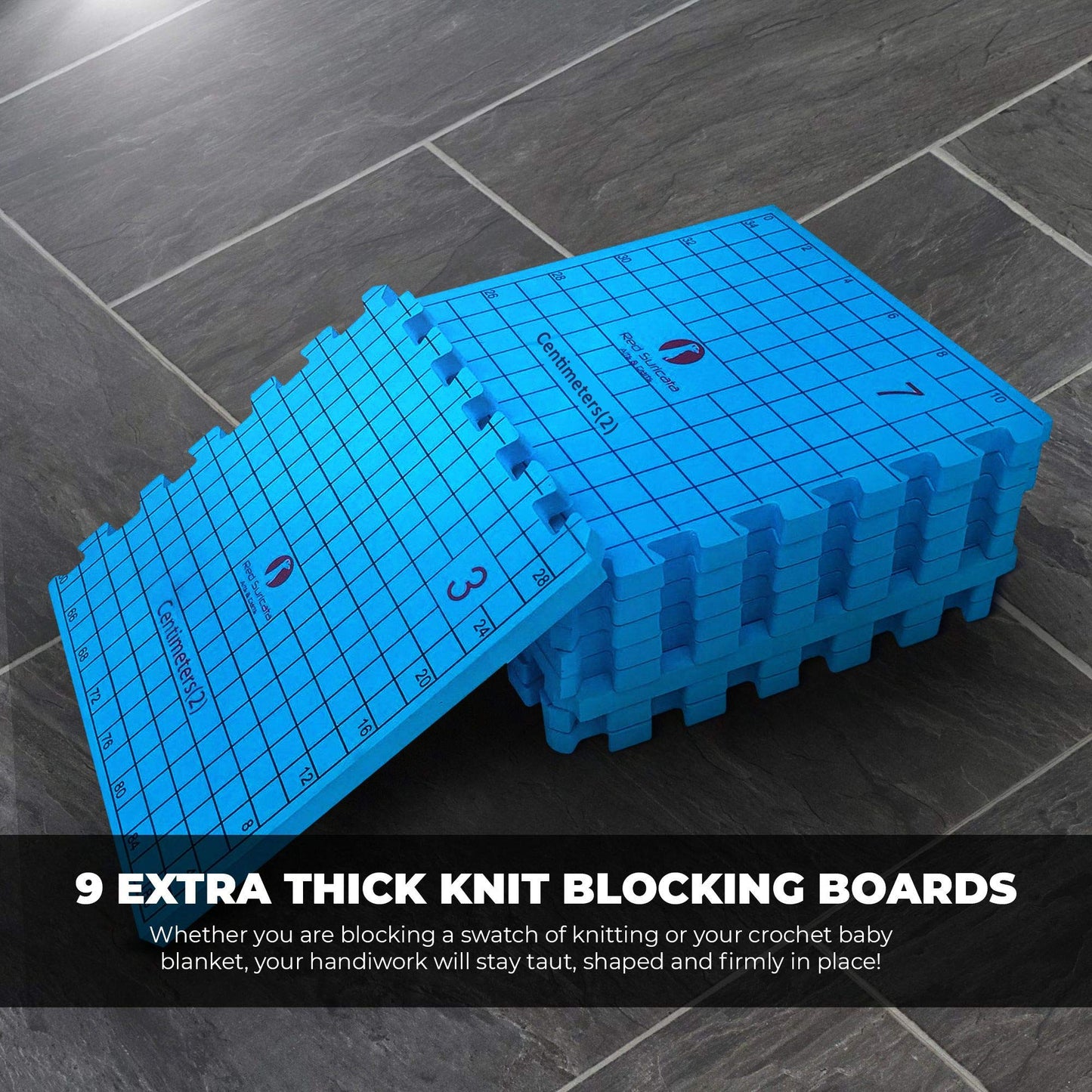 Red Suricata Knit Blocking Bundle – Extra Thick Blocking Mats for Knitting & Curved Knit Blocking Comb Set & Adjustable Sock Blockers - All in one Combined Storage Bag (CMs Grid)