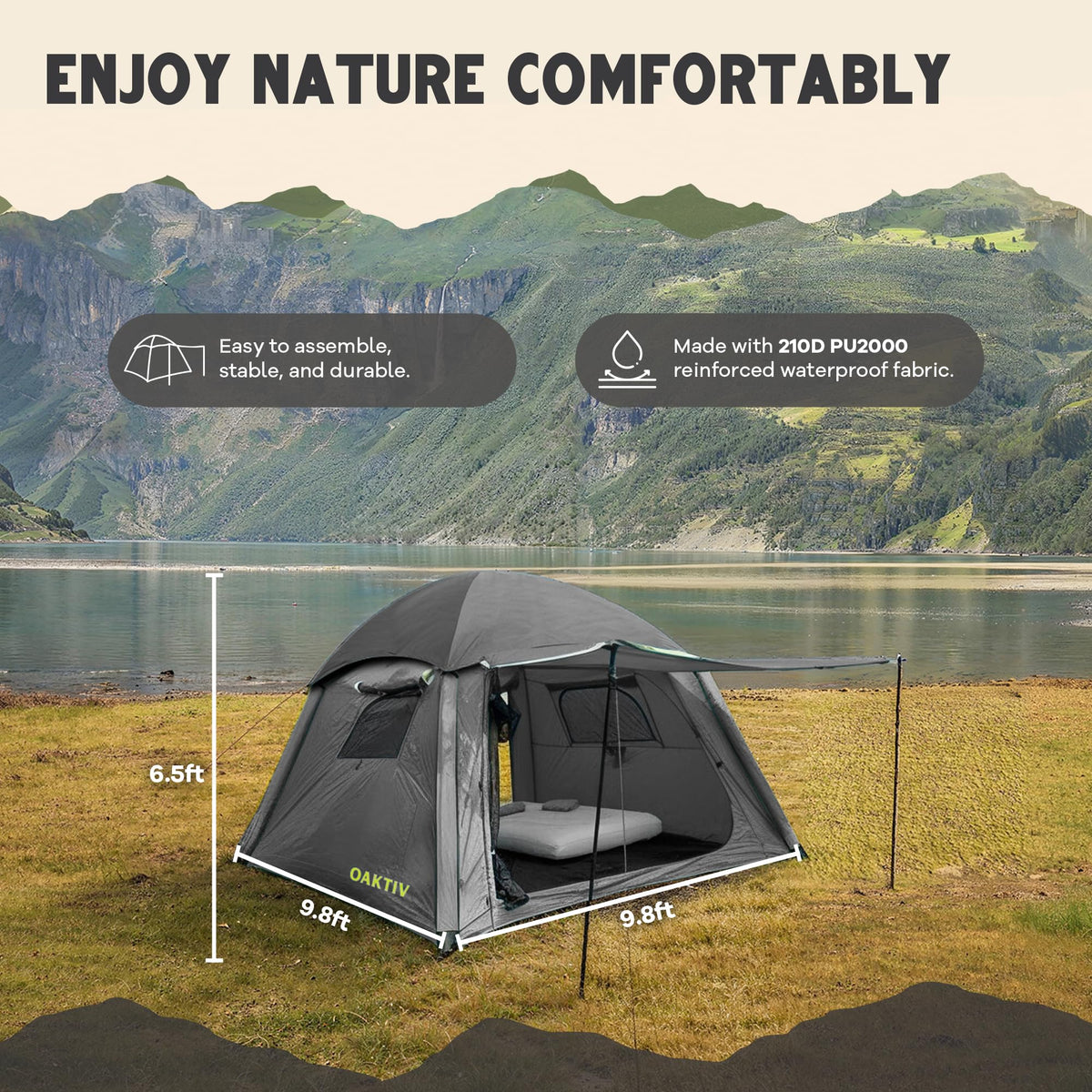 Oaktiv Inflatable Tents for Camping - CloudCamp Glamping Tent for 6 People Waterproof Oxford Fabric(210D), Quick Setup Air Tent with Manual & Battery Pump, UV Protection, 4-Season Inflatable Tent