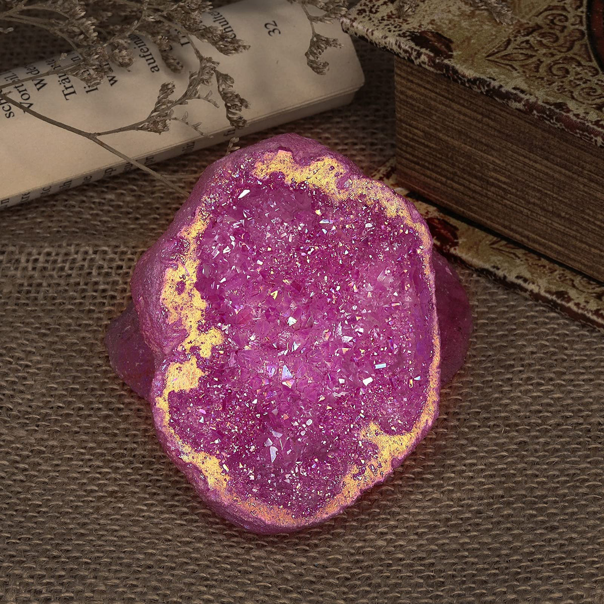 SUNYIK Natural Rainbow Titanium Coated Quartz Geode Quartz Crystal Cluster Specimen for Home Office Decoration Reiki Healing Meditation, 100-200g(0.2-0.4lb), Rose Red