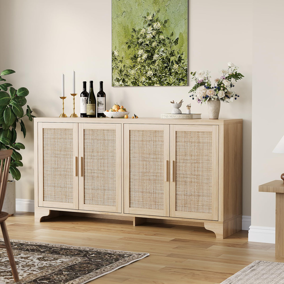 IDEALHOUSE Natural Rattan Sideboard Buffet Cabinet with Storage, Farmhouse Large Rattan Cabinet with 4 Doors, Wood Accent Coffee Bar Buffet Console Tables for Kitchen Living Room Entryway