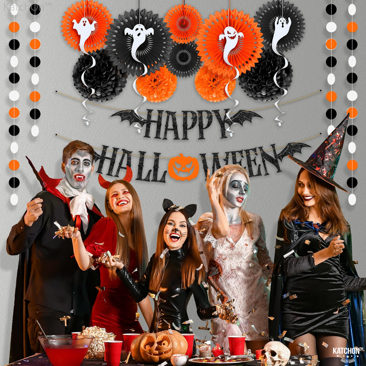 KatchOn, Hanging Halloween Decorations Set - Pack of 17 | Glittery Happy Halloween Banner, Garlands, Ghost Hanging Swirls, Orange Pumpkin, Paper Fan, Spooky | Halloween Decor Hanging Swirls