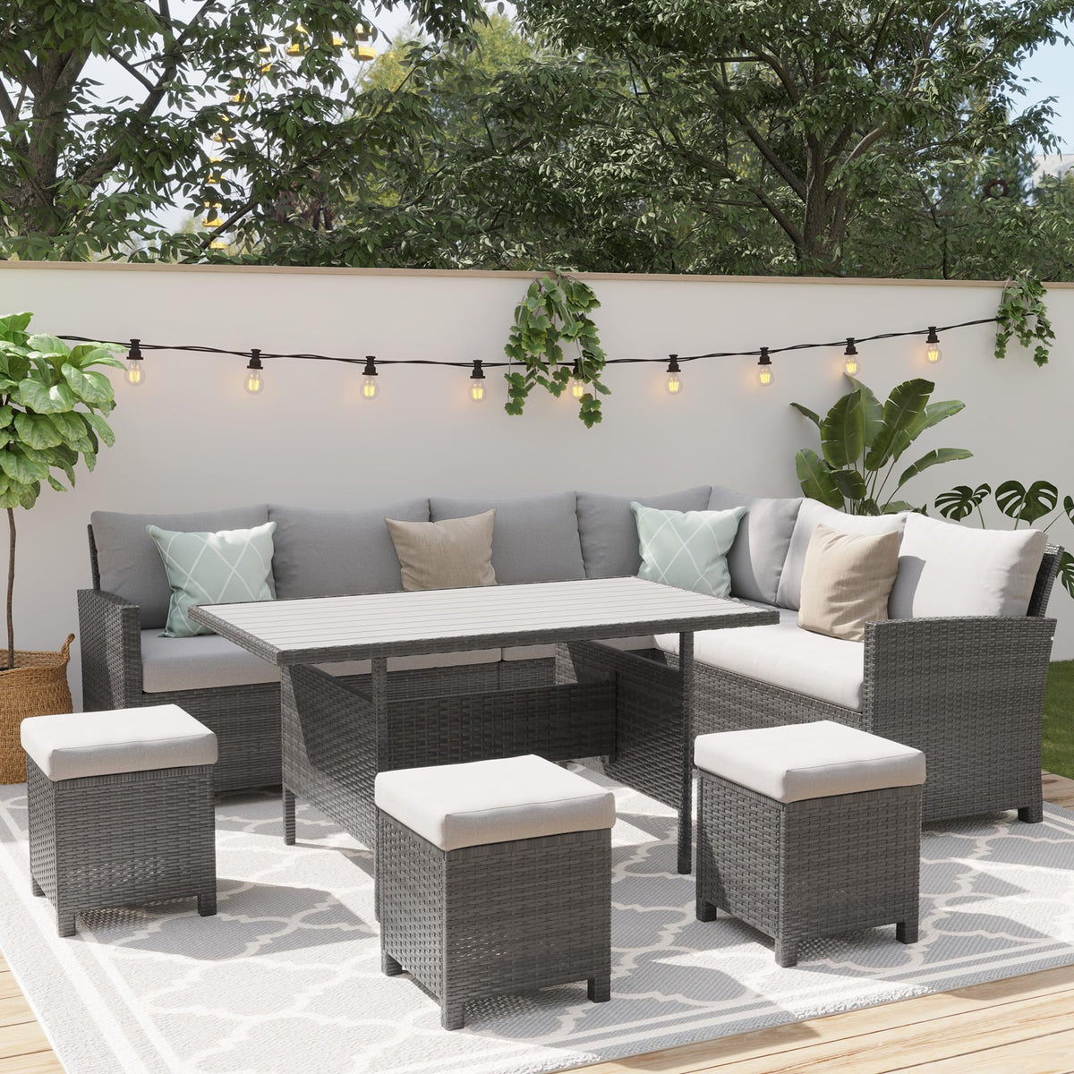 Wisteria Lane 7 Piece Patio Furniture Set, High Curved Back Wicker Patio Sectional, All Weather Outdoor Dining Set, Outdoor Furniture Patio Conversation Set with Ottoman, Ash Gray