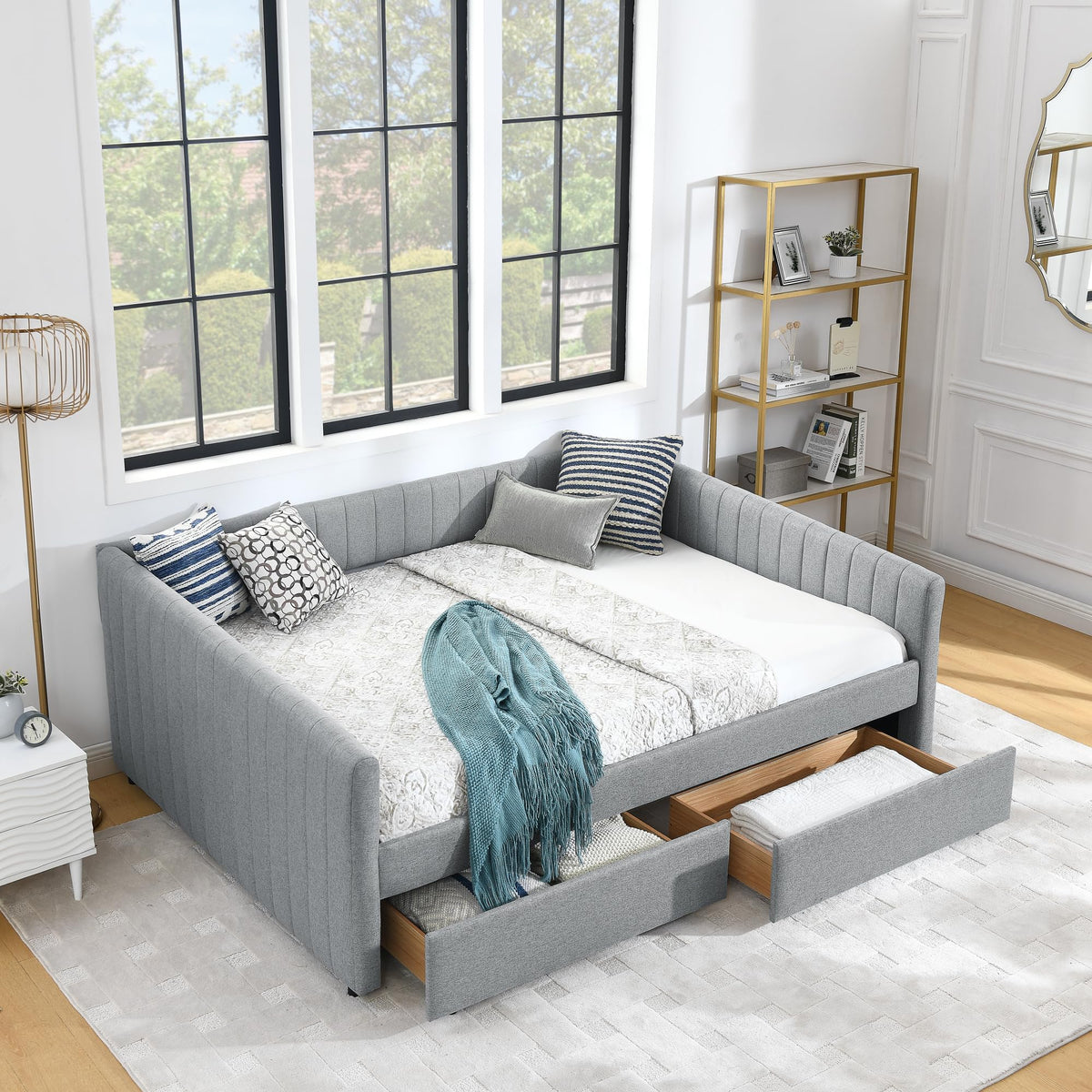 Ball & Cast Queen Size Daybed with Storage Drawers, Linen Upholstered Sofa Bed with Channel Tufted Backrest, Day Bed Frame with Wood Slats Supports, No Box Spring Needed,Grey