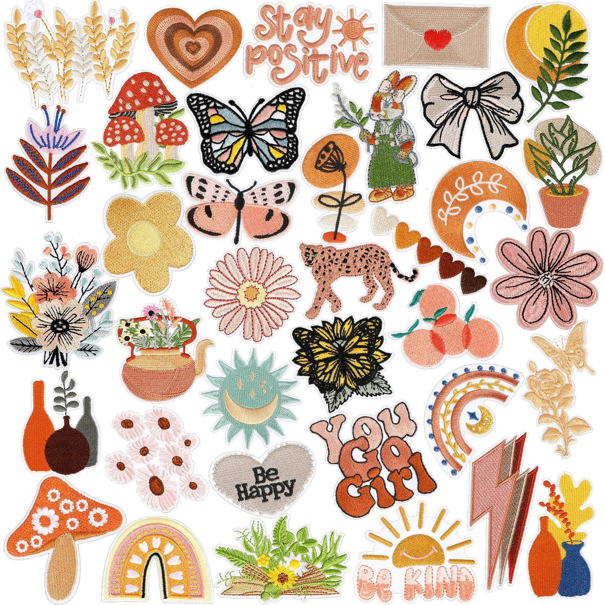 AUGSUN 36-Pack Vintage Iron On Patches, Boho Iron On Patches Girly Aesthetic Embroidered Patch, Cute Boho Sew On Applique Patches for Clothes, Hat, Backpack, Jackets