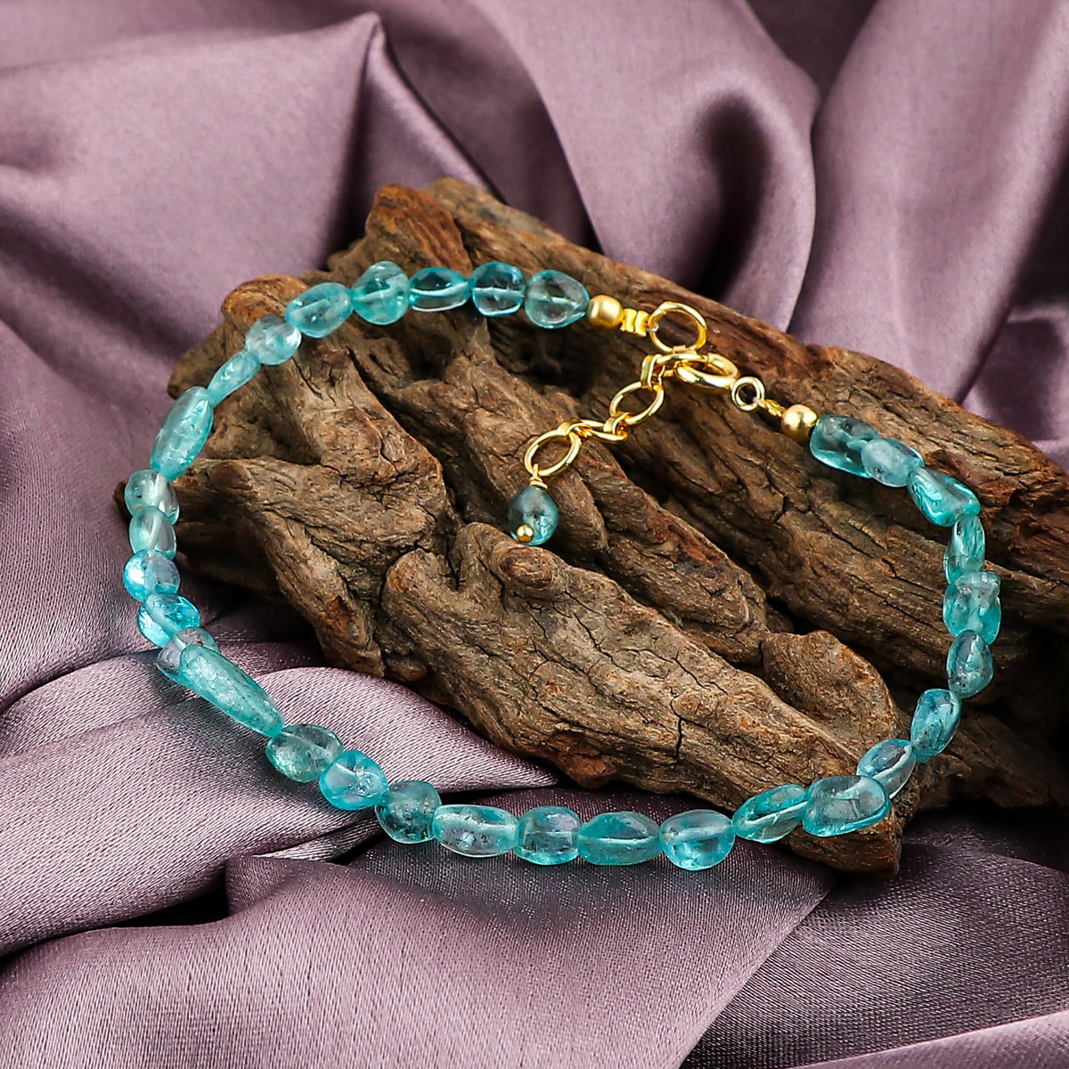 GemSymphony Neon Apatite Gemstone Tumble Bracelet – Hypoallergenic Gold Plated Chain, 7+1 Inch Adjustable, Spring Ring Clasp, Handmade Crystal Bracelet for Women, Natural Stone Healing Jewelry (Neon Apatite)