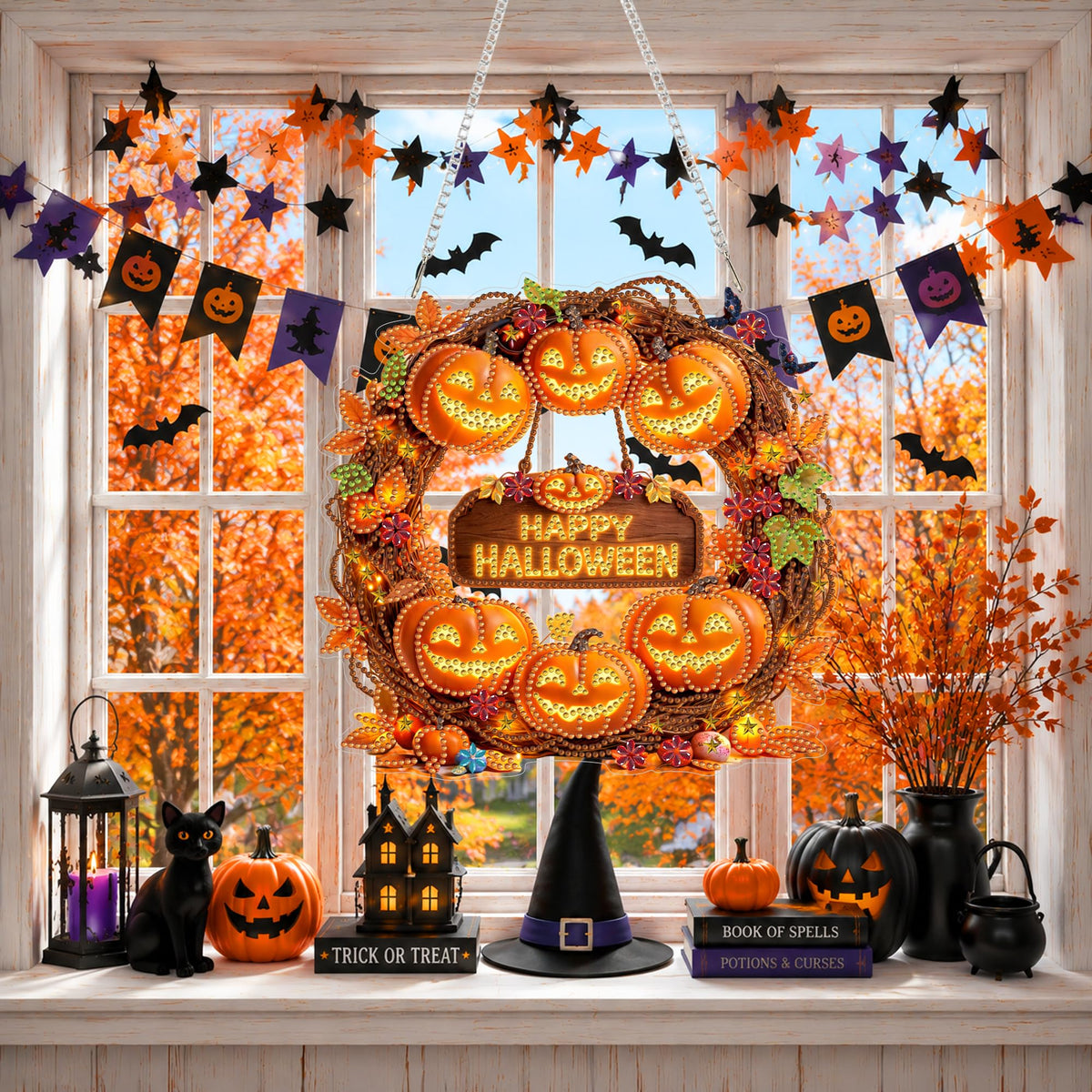 Eiflow Diamond Art Hanging Kit for Adults Halloween Wreath, DIY Diamonds Pearl Painting Door Hanger Board Kit, Special Crystal Diamond Art Painting Pendant Ornament (Happy Halloween)