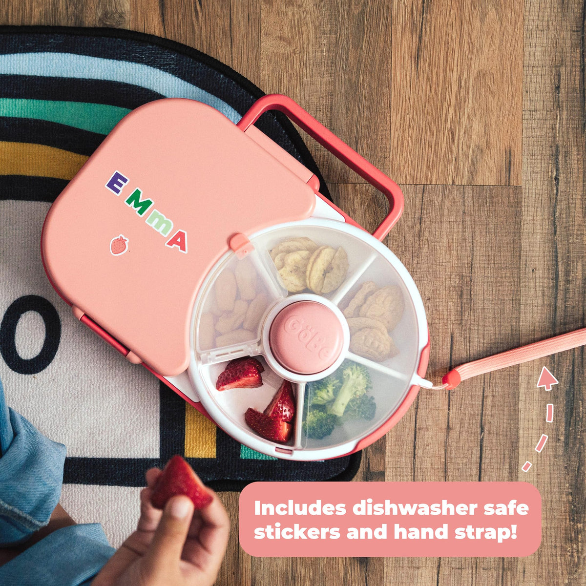 GoBe Kids Lunchbox with Detachable Snack Spinner, Bundle with Hand Strap & Sticker Sheet, Reusable Bento Style Lunch Container, 5 Small +1 Large Sandwich Compartment, BPA & PVC Free, coral pink