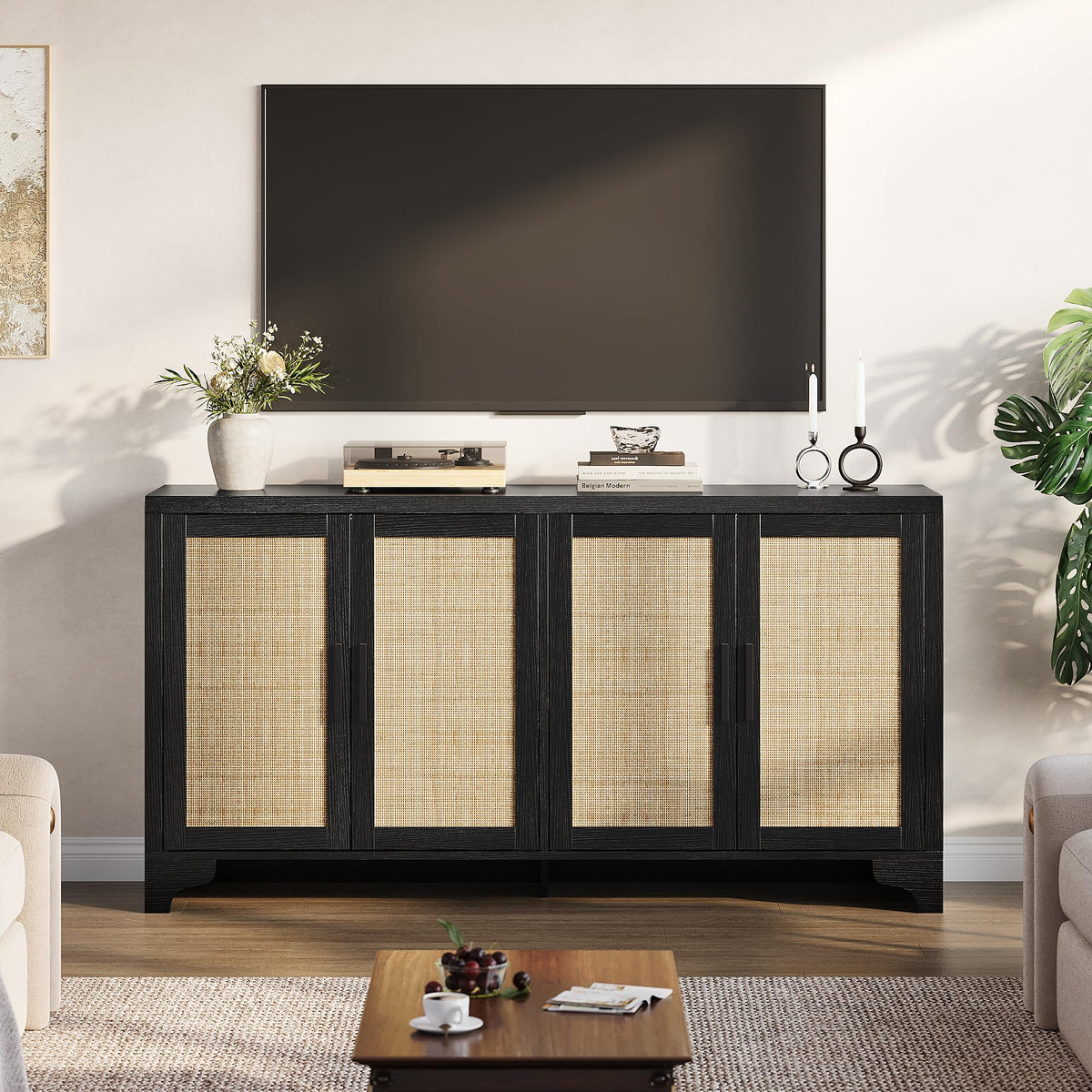 Garvee Natural Rattan Storage Cabinet with Shelves, 4-Door Sideboard Buffet Cabinet, Boho TV Stand Console Table for Living Room, Entryway, Dinning Room