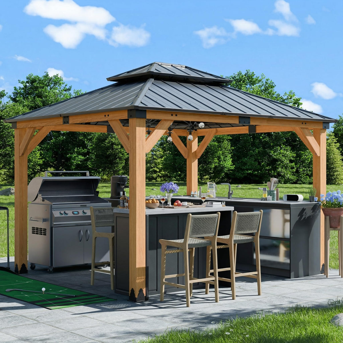 CHARMELEON 10x12 FT Cedar Wood Gazebo,Hardtop Wooden Gazebo with 4.6in Thickened Posts&High Load-Bearing Galvanized Steel Roof for Outdoor, Patio, Backyard-Natural