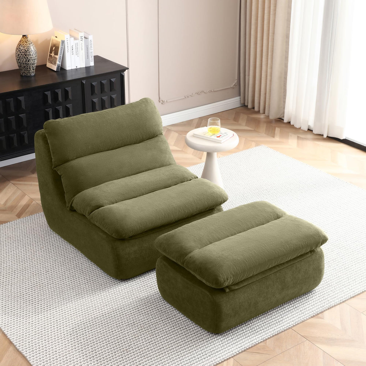 KEIKI 32" Bean Bag Chair with Ottoman, Upholstered Chaise Lounge Chair with High Density Foam, Tufted Lazy Sofa for Living Room, Bedroom (Green)