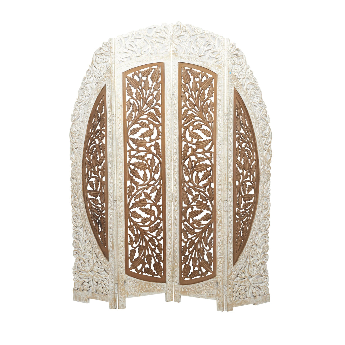 Deco 79 Mango Wood Floral Handmade Partition Room Divider Screen Foldable Arched Partition 4 Panel Privacy Screen with Intricately Carved Designs, Room Partition 62" x 1" x 72", Brown