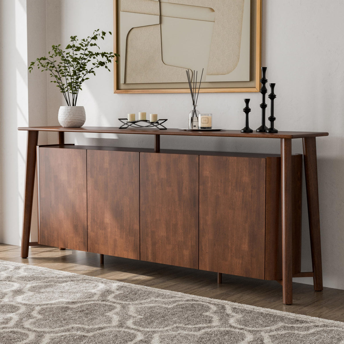 Furniture of America Nazaen IV Mid-Century Modern Solid Wood 82.5-inch Sideboard Buffet Cabinet with Hidden Drawers, Credenzas for Living Room, Dining Room, Office, Rich Walnut