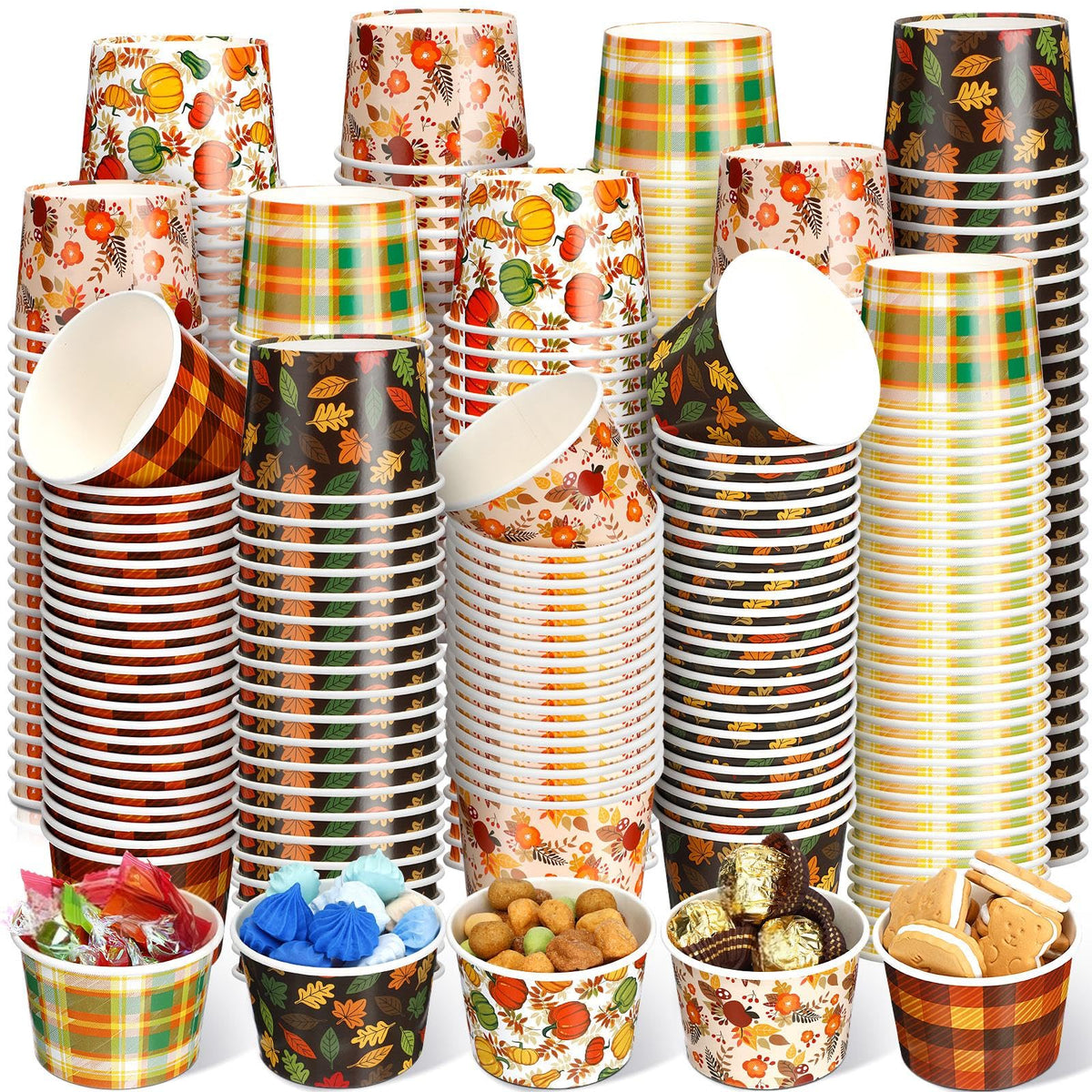 Uiifan 200 Pcs 9oz Fall Paper Bowls Thanksgiving Disposable Bowls Autumn Leaves Pumpkin Bowls Holiday Dessert Salad Snack Soup Cups for Party Supplies Hot or Cold Food