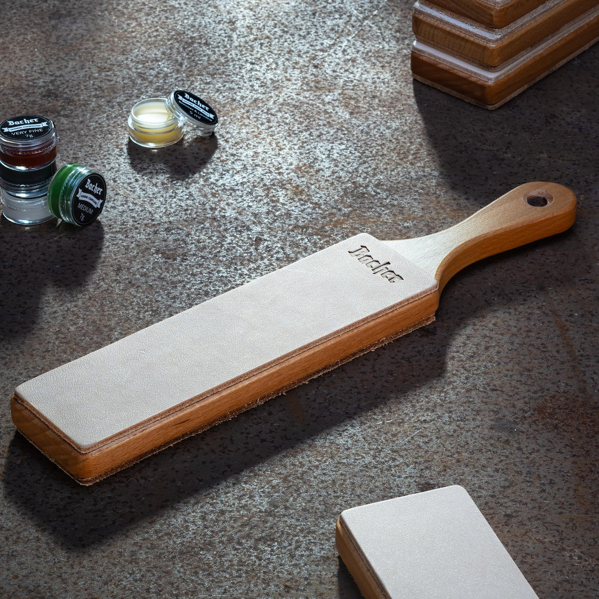 Bacher Premium Leather Strop for Knife Sharpening with Polishing Compound - Double Sided Stropping Leather – Stropping Kit: Knife Strop and Stropping Compound for Wood Carving and Woodworking