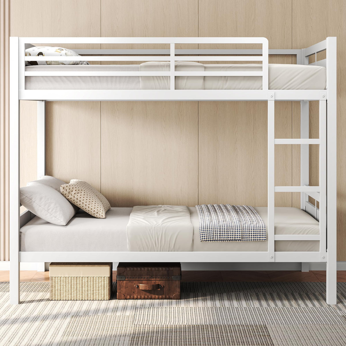 Feonase Metal Bunk Bed Twin Over Twin with Ladder and High Guardrail, Heavy-Duty Metal Slats Support, Noise Free, No Box Spring Needed, for Kids and Juniors, Black