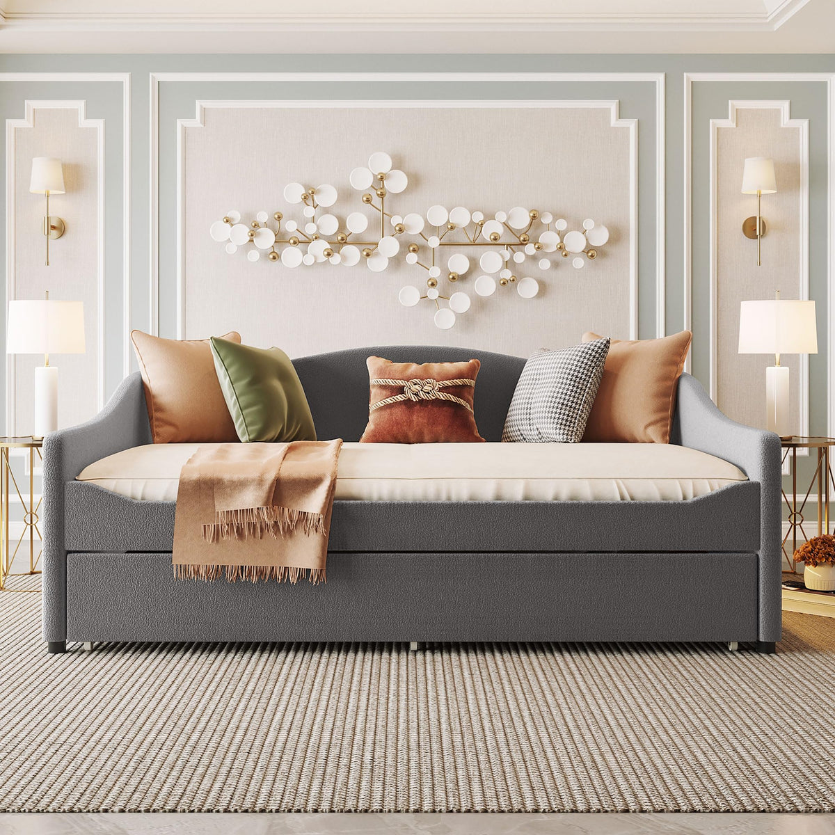 Jintop Teddy Fleece Full Size Upholstered Daybed with LED Light and Trundle,Modern Wood Platform Bed W/Side Stripes,Easy Assembly,for Bedroom,Living Room,Guestroom,Gray