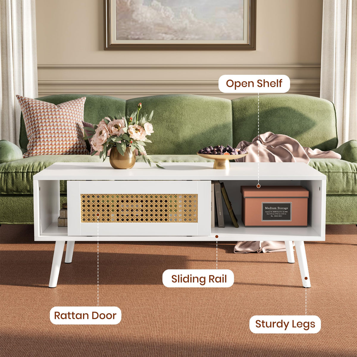 IDEALHOUSE Living Room Table Sets of 2, Includes 47" Rattan TV Stand Storage Cabinet for 55" TV, Farmhouse Coffee Table with Storage Shelf for Bedroom