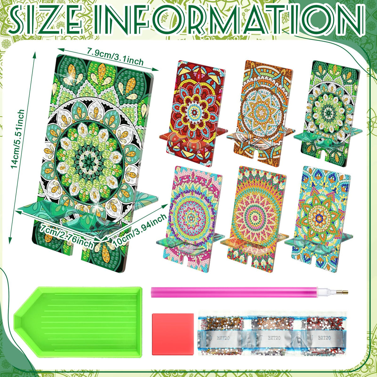 Saillong 6 Pcs Sage Green Mandala Diamond Painting Cell Phone Stand DIY Full Drill Crystal Diamond Art Phone Holder Bling Painting Art Craft Kits for Beginner Adult
