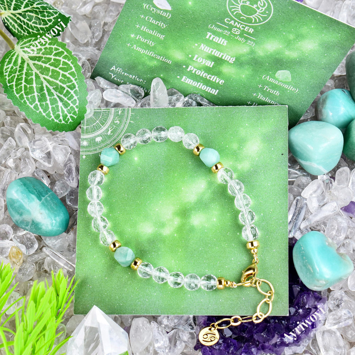 Ayriwoyi Cancer Zodiac Bracelet White Crystal Amazonite Stone Beaded Bracelet Adjustable Horoscope Inspirational Jewelry Gift for Women