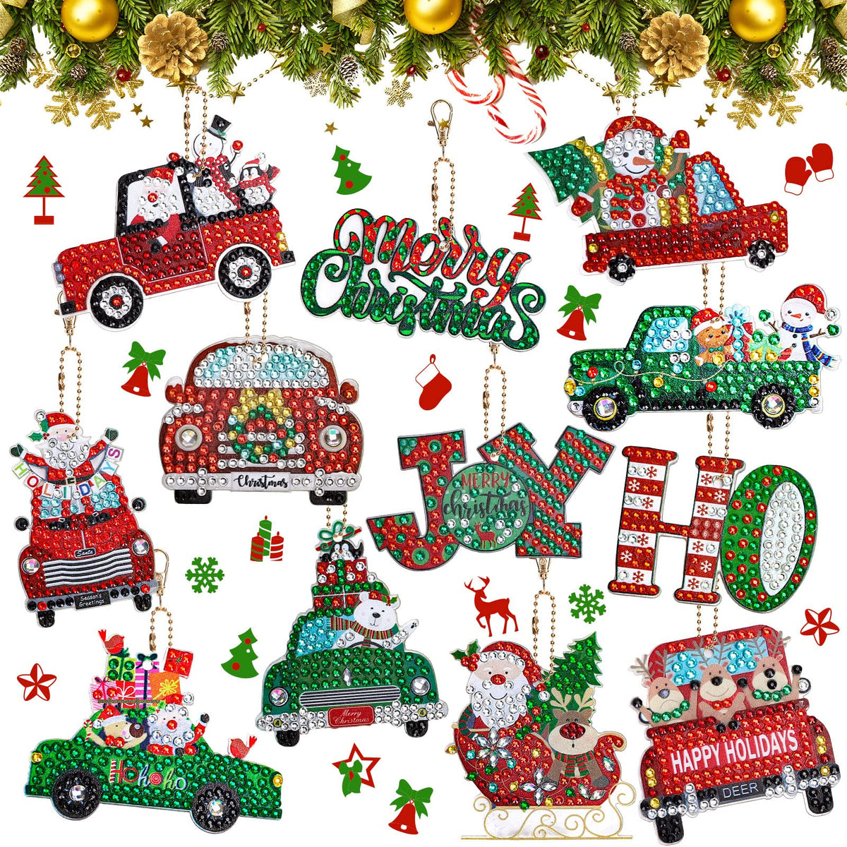 AnyDesign 12Pcs Christmas Diamond Art Keychain DIY Handmade Truck Santa Snowman Gem Painting Pendant Rhinestone Mosaic Making Full Drill Diamond Key Chain for Crafts Gift