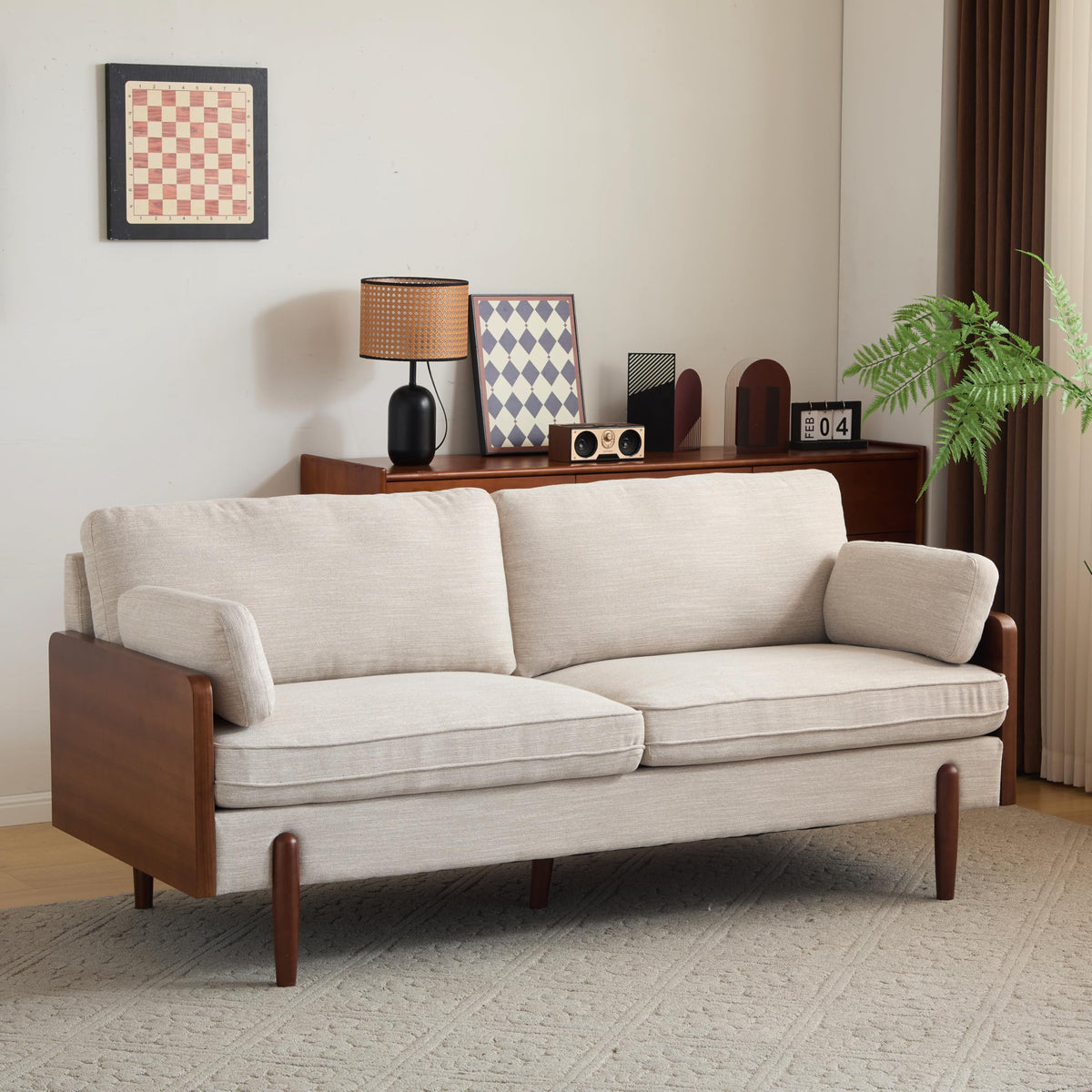 Christopher Knight Home Arboris Modern Rubberwood Frame, Fabric Upholstered Loveseat, Living Room/Bedroom/Apartment Couch/Sofa with Toss/Back Pillows and Removable Cushions, Beige+Light Walnut