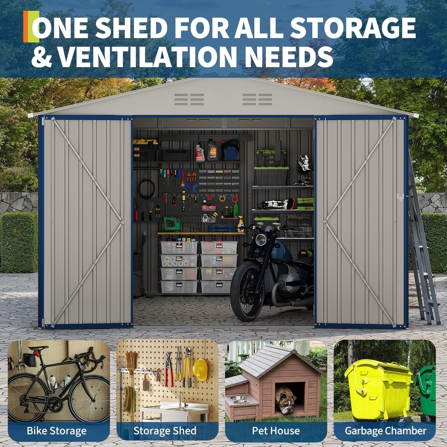 10 X 10 FT Outdoor Storage Shed,Metal Garden Sheds&Outdoor Storage, Lockable Gable Roof Garden Tool Shed, All-Weather Resistant Storage Unit for Bikes, Ladders, Patio Supplies & Garden Essentials