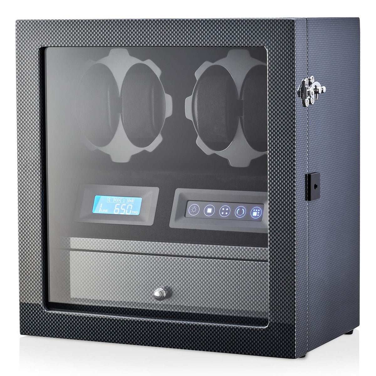 4 Watch Winder with 5 Watch Storage Space, LCD Display, Touch Control and Interior Light (Carbon + Black Velvet)