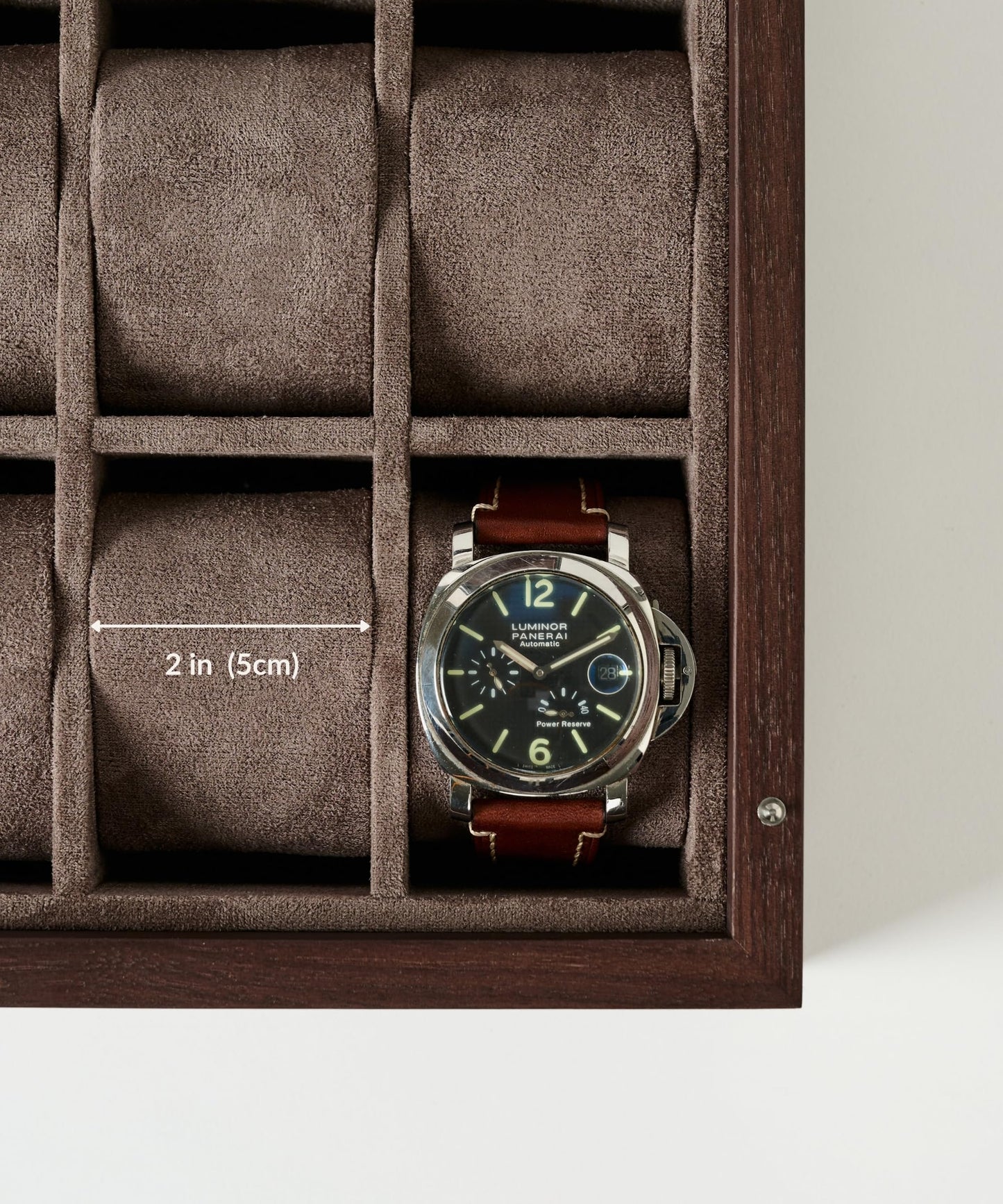 TAWBURY Wooden Watch Case - 12 Slot Wood Watch Box for Men & Women with Glass Display, Protective Fully Lined Interior and 2-inch Wide Pillows for Small & Large Watches (Dark Walnut)