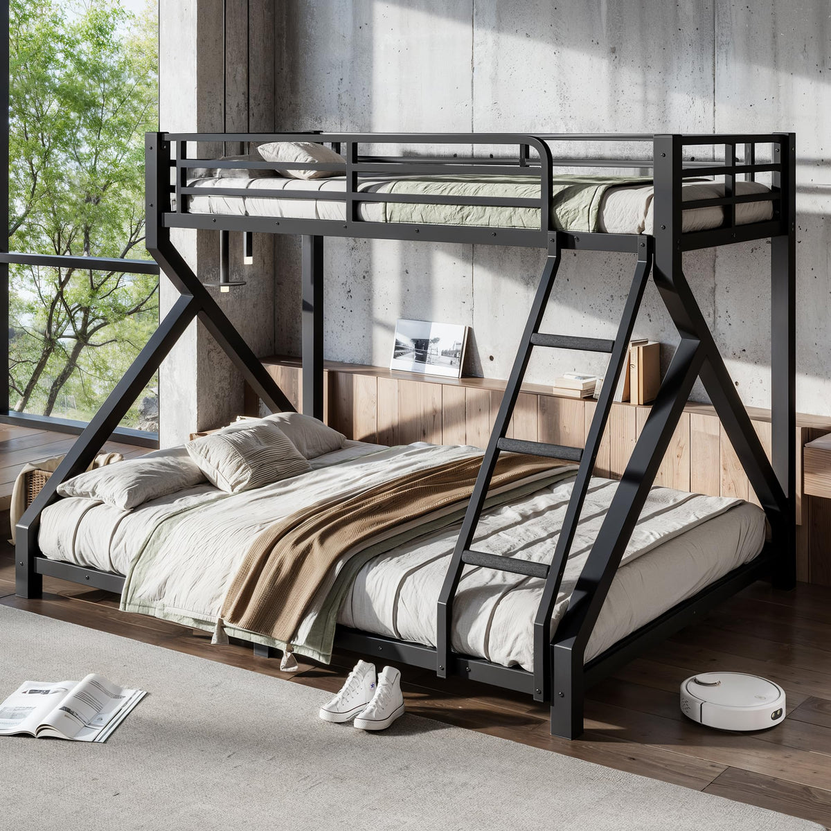 Bellemave Twin XL Over Queen Bunk Bed Frame with Noise Reduced Design, Low Profile Bunk Bed with Ladder and Fence, Heavy Buty Bunk Beds for Adults, Teens