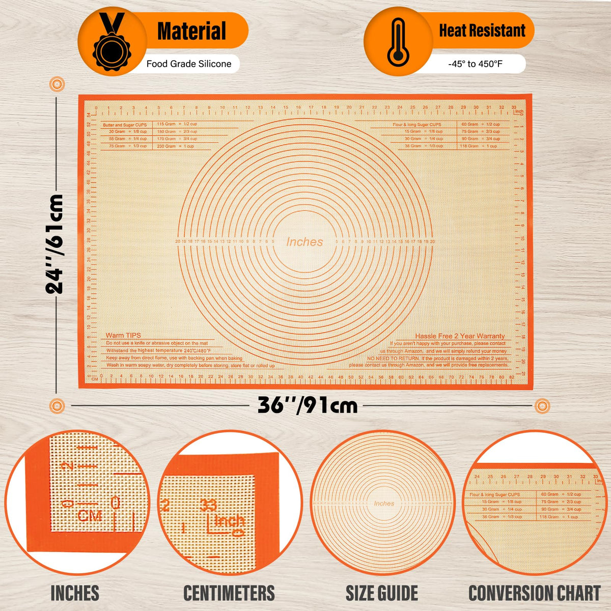 Silicone Pastry Mat 34x26 Inch Nonstick Baking Mat -Perfect for Doug, Pastry, Dough Rolling, Kneading Board, Pie Crust, Fondant, Pasta/Pizza, Kitchen Counter Mat