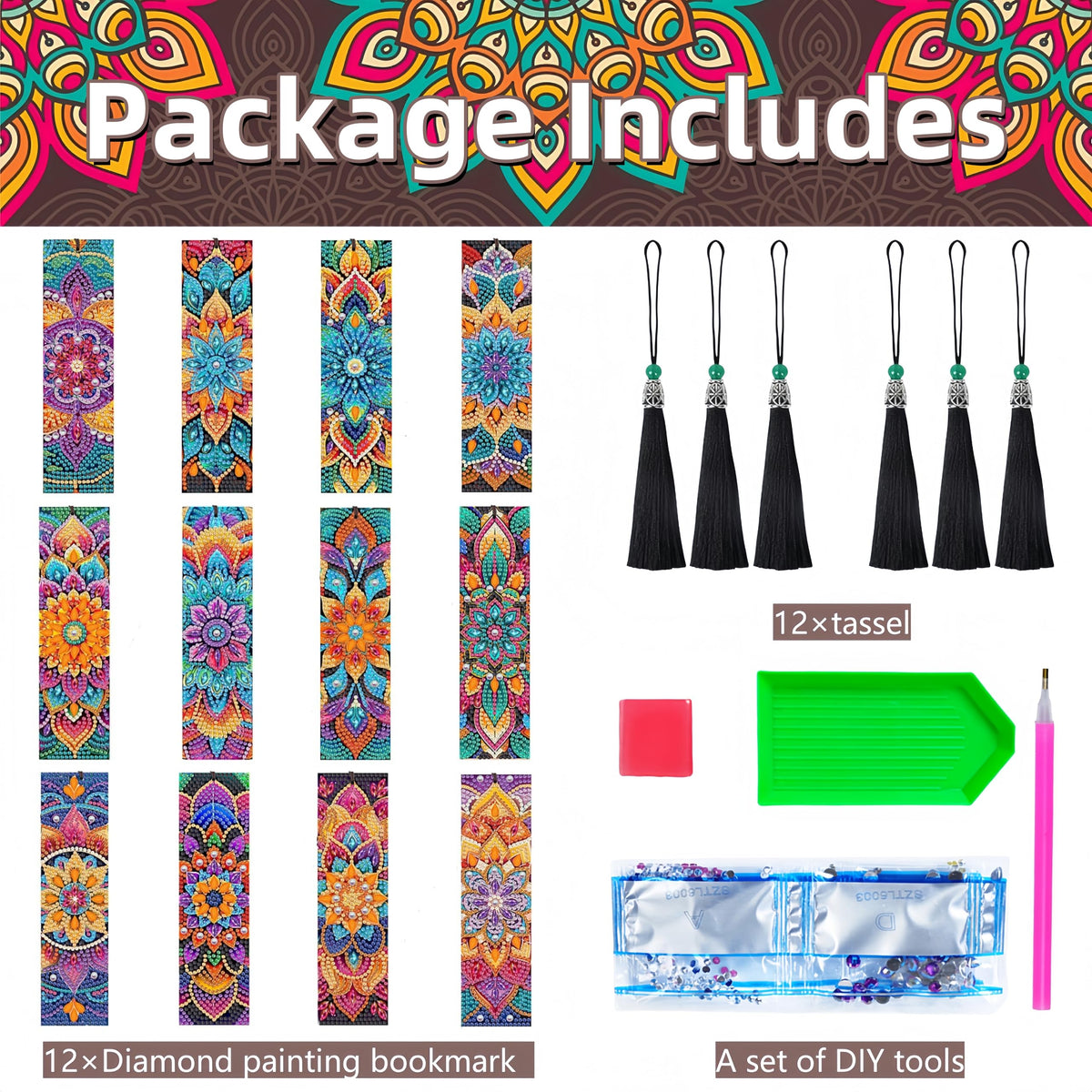 12 Pcs Diamond Painting Bookmarks,Mandala Diamond Art Bookmarks with Tassel, Diamond Art Painting Kits for Beginners Adults DIY Art Craft Gifts Book Decors