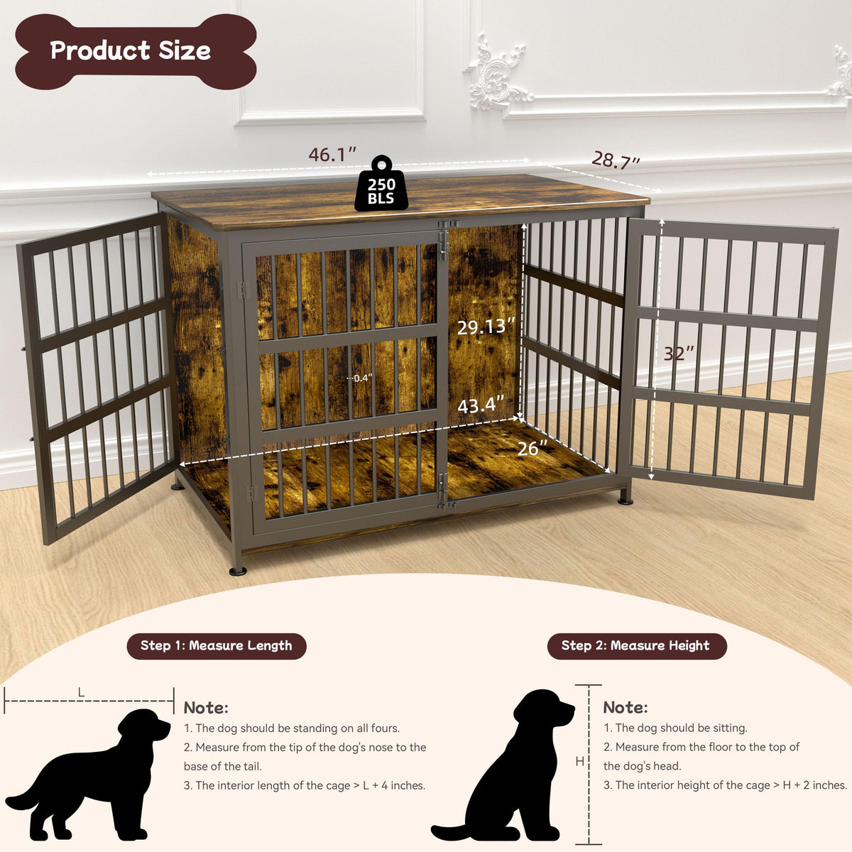 CABZOON 46'' Dog Crate Furniture Large Breed Dog Crate Dog Kennels for Inside Wooden Dog Crates End Table Heavy Duty Indoor Combination Cage for Medium to Large Dogs Walnut