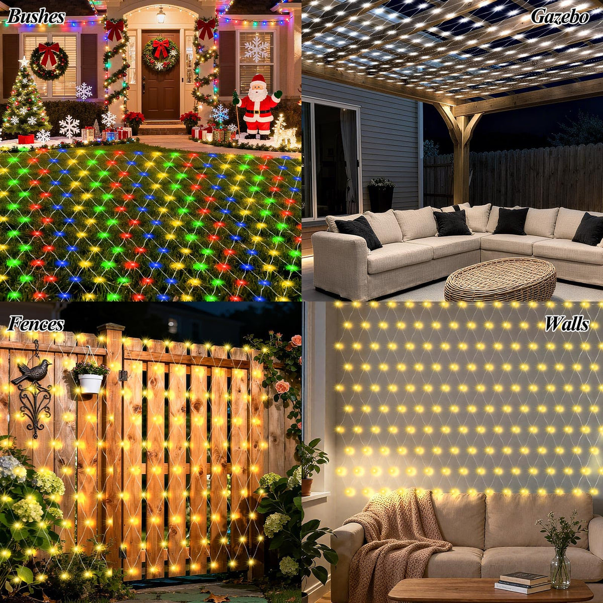 Lovelite 120 LED Christmas Net Lights, 5ft x 5ft Mesh Lights Outdoor 8 Modes Timer, Waterproof Connectable String Lights Clear Wire Plug in for Bushes Lawns Garden Holiday Wedding Party - Warm White
