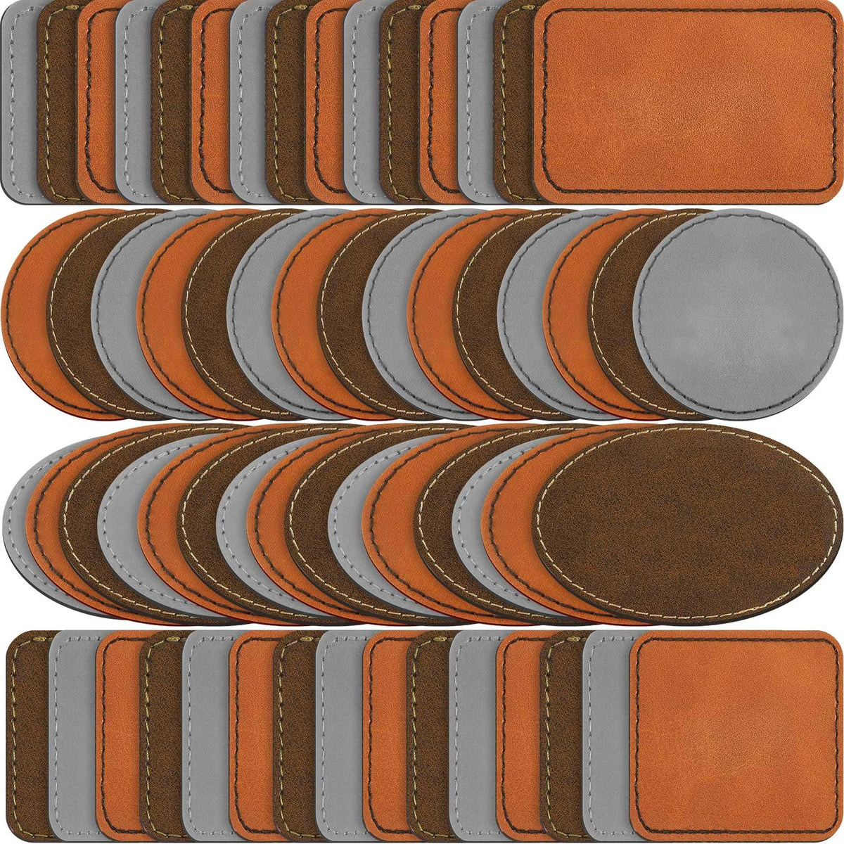 Dunzy 60 Pcs Blank Leatherette Hat Patches Laserable Leatherette Patch Iron on Heat Press with Adhesive Leather Patches for Hats Clothes Repair(Khaki, Golden Brown, Gray,3.5 x 2.5 Inches)