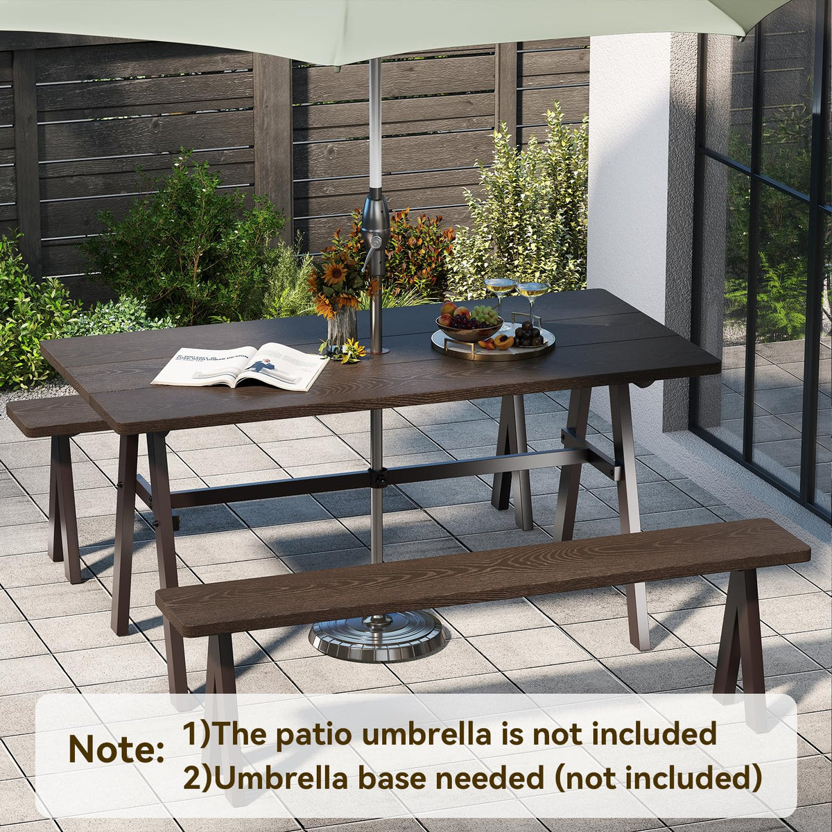 Giantex 3-Pieces Outdoor Picnic Table Set for 6 People, Rustproof Patio Dining Furniture Set with 1.93" Umbrella Hole, 800lbs Capacity Bench, 59" Camping Table for Porch Deck Yard Garden Lawn