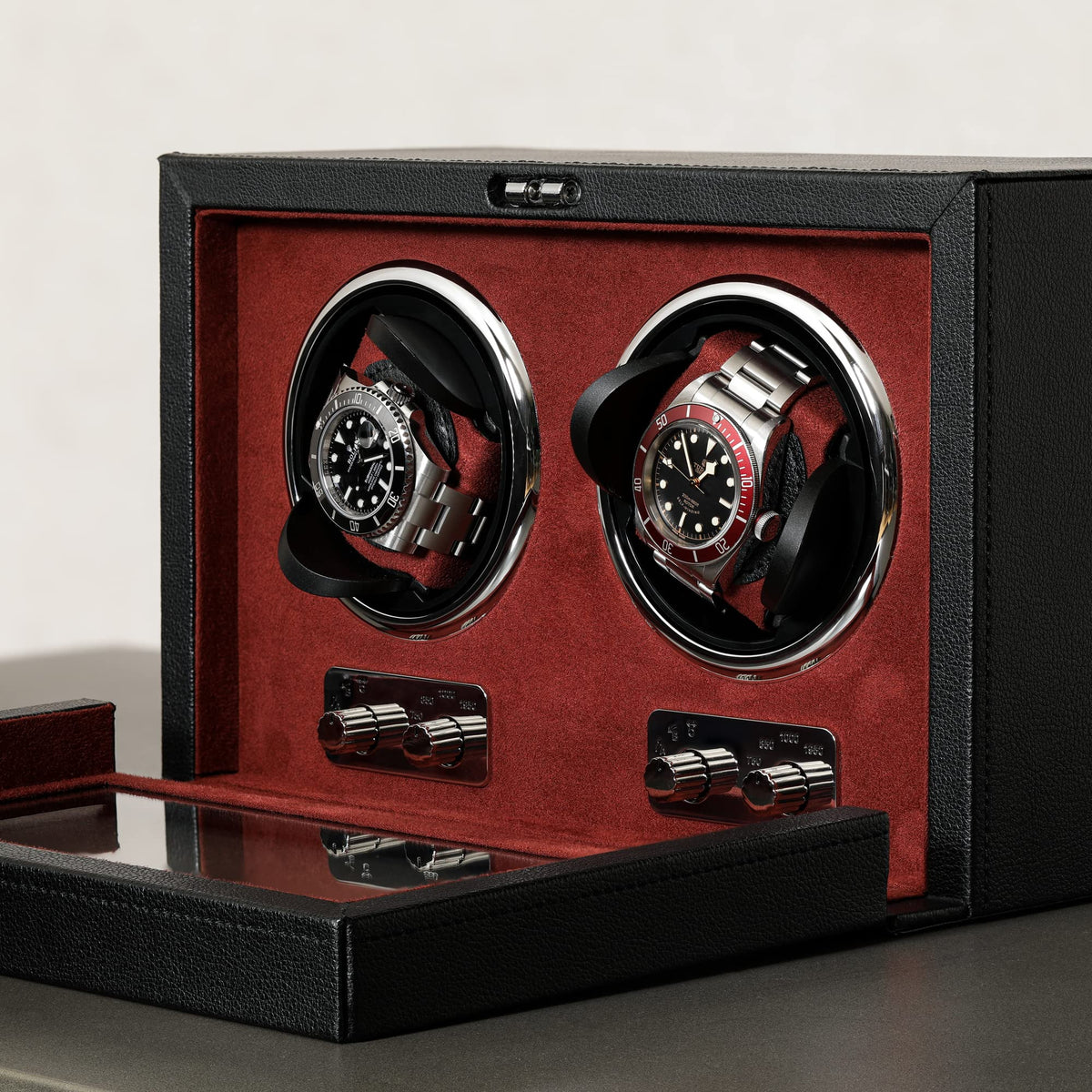 Gift Set 12 Slot Leather Watch Box with Valet Drawer & Matching Double Watch Winder - Luxury Case Display Organizer, Locking Mens Jewelry Watches Holder, Men's Storage Boxes Glass Top Black/Red