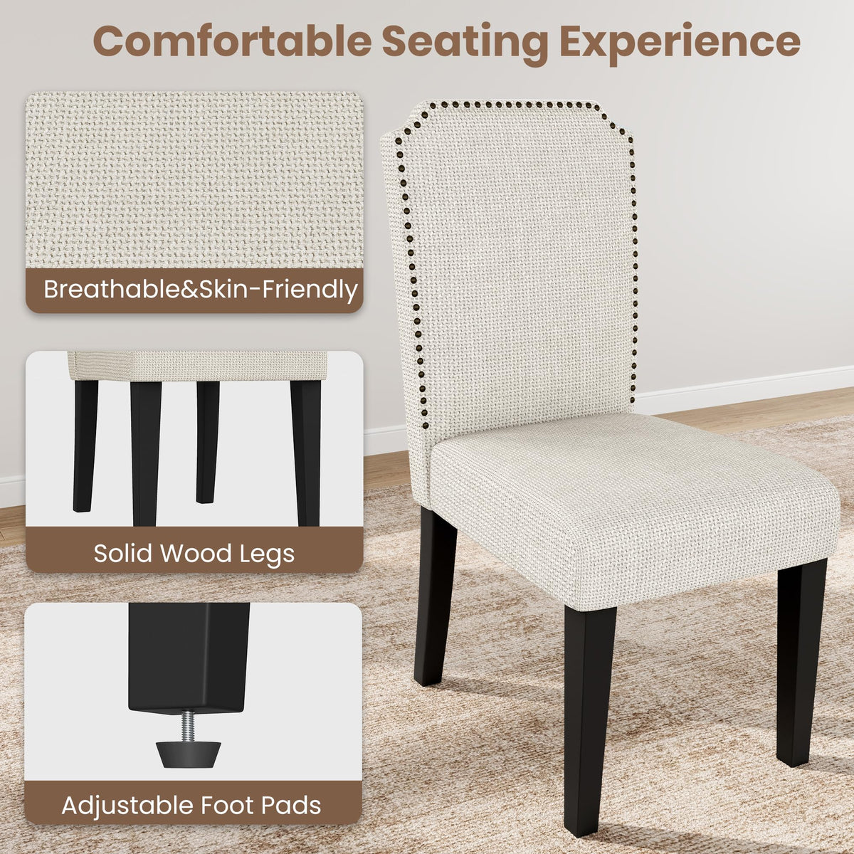 Garvee Dining Chairs Set of 4, Solid Wood Legs, Up to 500 LBS Capacity, Stable and No Wobbling, Upholstered Wide Seat with 60 ILD Sponge, Farmhouse Kitchen Chairs for Dining Room, Family Gatherings
