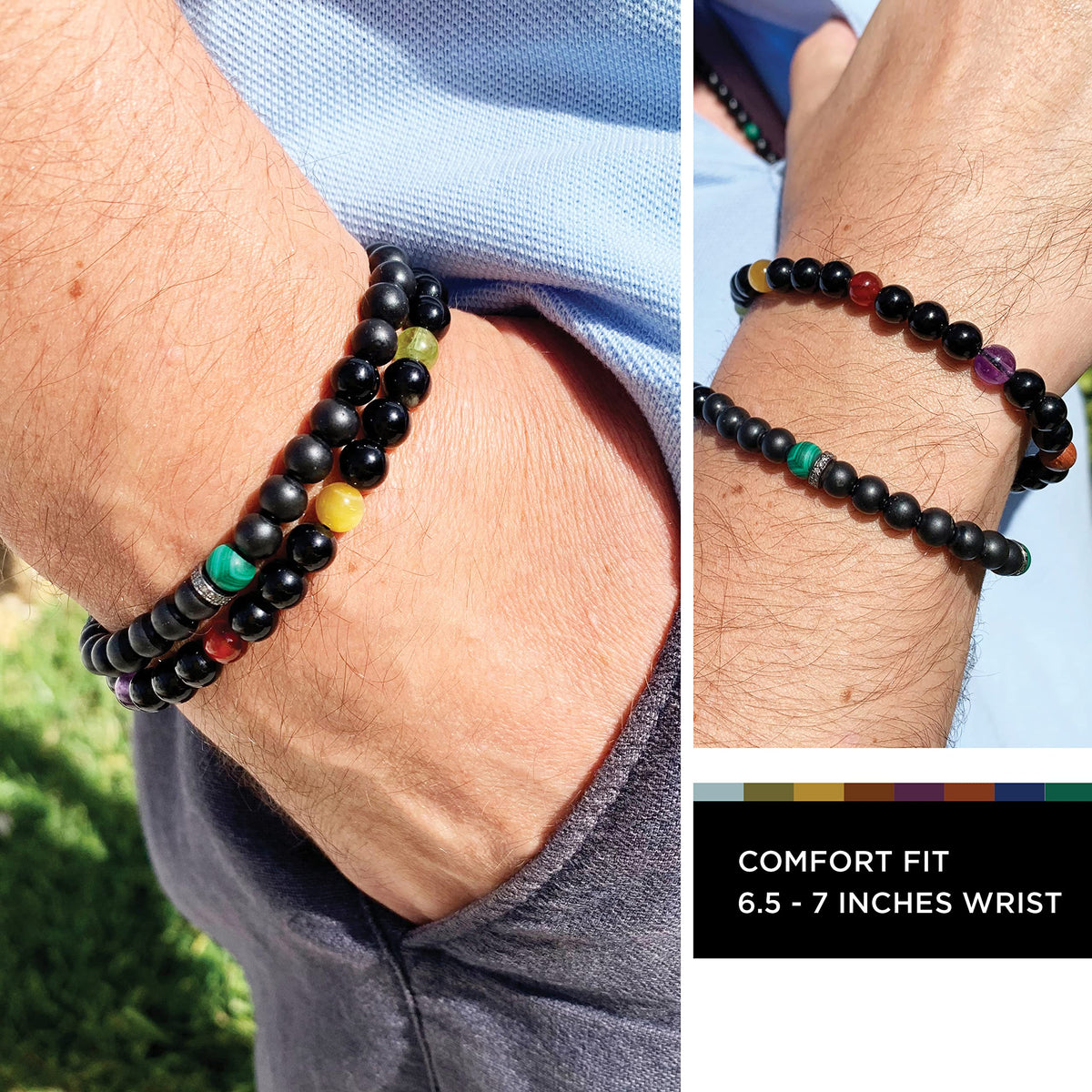 Joyfulmuze Black Obsidian Stretch Bracelet for Men, Multiple Natural Gemstones Yellow Tiger Eye, Green Peridot, Amethyst, Wood, Carnelian, Malachite, Aquamarine, Handmade Gift Chakra Jewelry, 6mm
