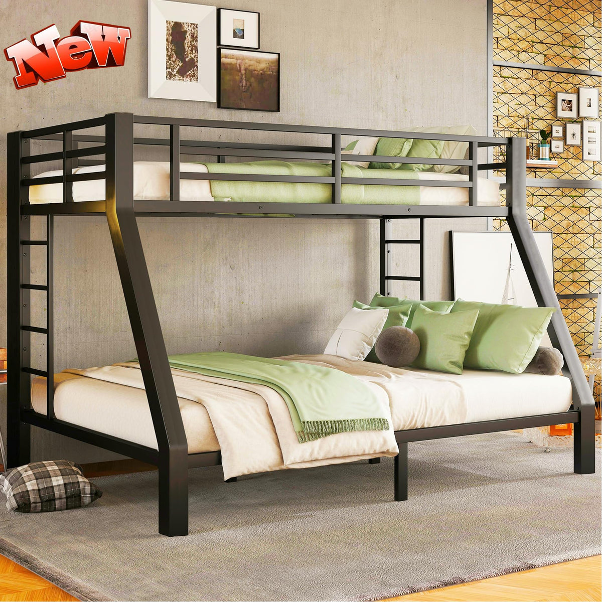 SIGONE Stronger and Safer Metal Steel Bunk Bed Frame Twin XL Over Queen Size, Heavy Duty More Stable Thickened Black Metal Bunk Queen Bed (Easier to Assemble) (Twin XL Over Queen)